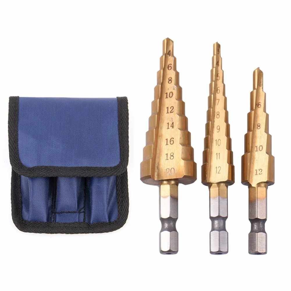 3pcs HSS Titanium Coated Step Cone Drill Bit Set 3-12/4-12/4-20mm Hole Cutter 