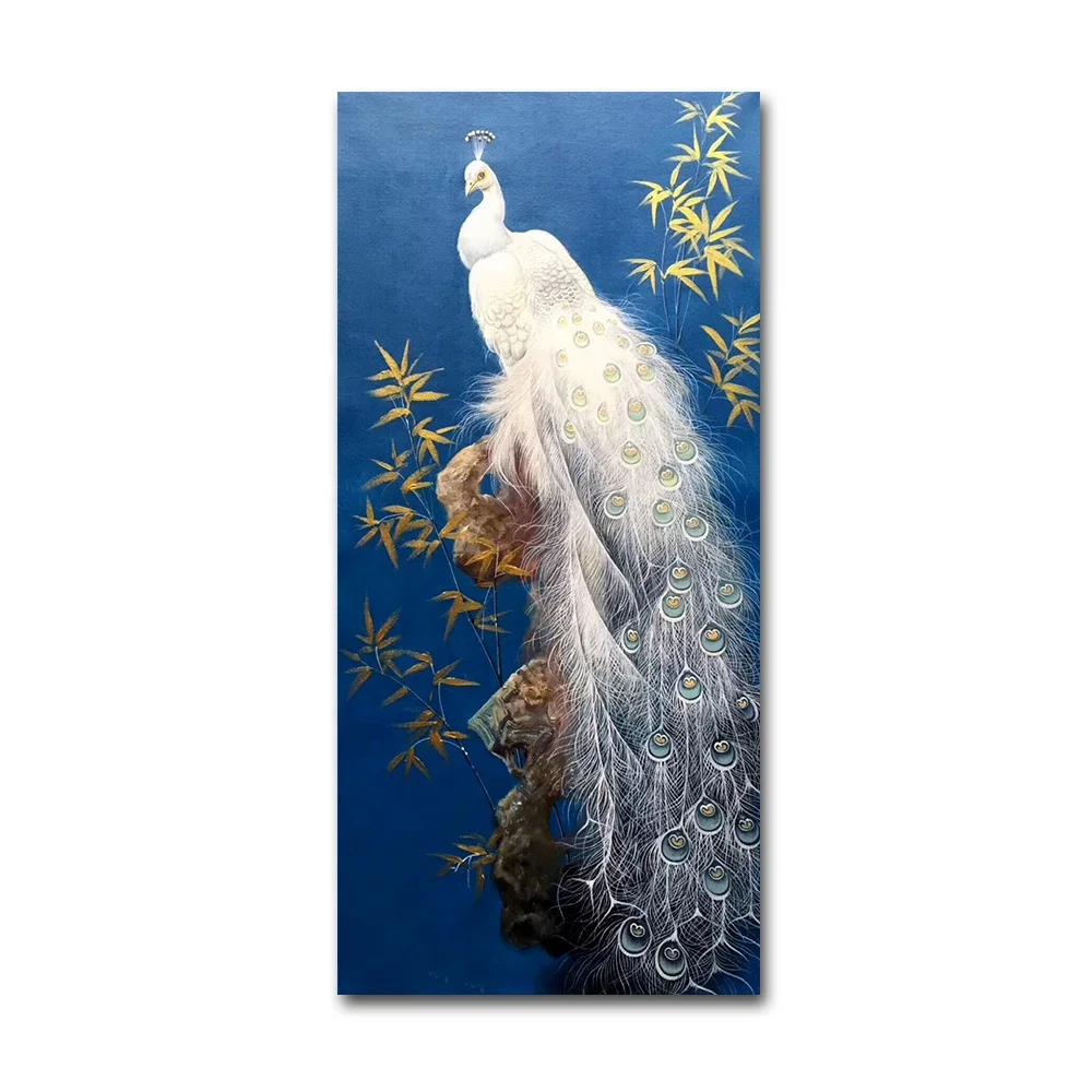 家の装飾のための手作りの美しい白/青の孔雀の絵画キャンバスの壁の