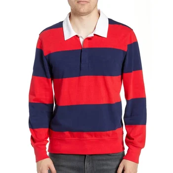 Oem Service Collar Design Striped Long Sleeve Men 100% Cotton Polo T Shirt With Custom Logo