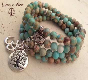 Custom elegant 6mm imperial beaded Turquoise Bracelet & Necklace, TierraCast silver OM and Tree of Life, Tibetan silver Buddha