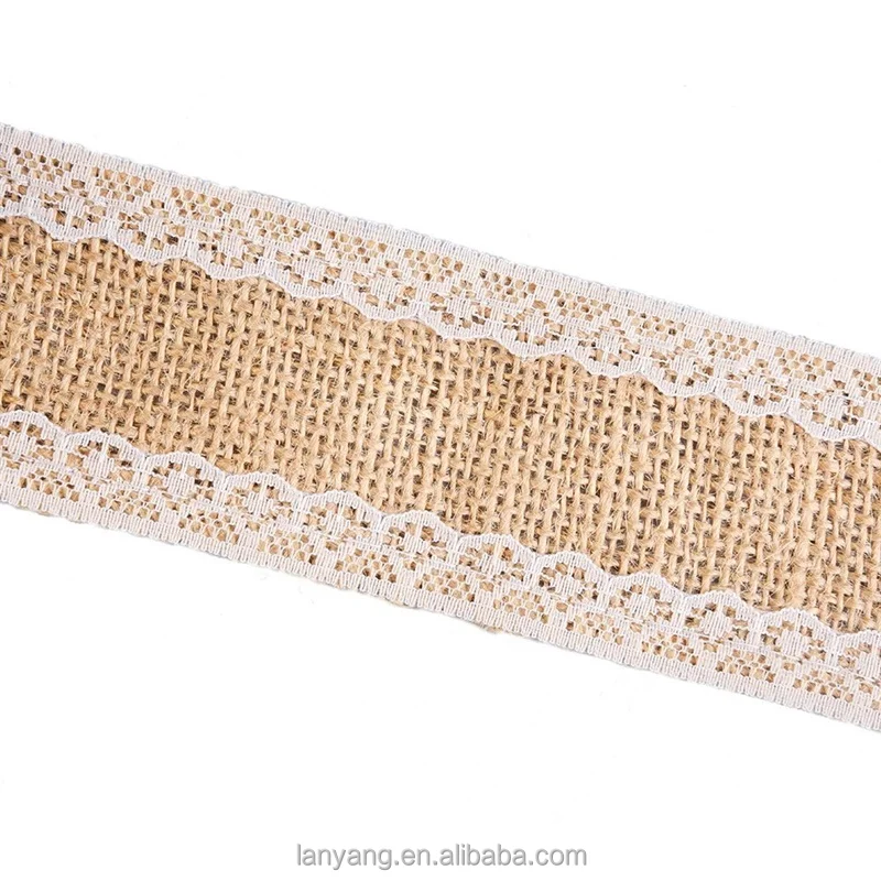 10m Natural Jute Burlap Hessian Lace Ribbon Roll With White Laces