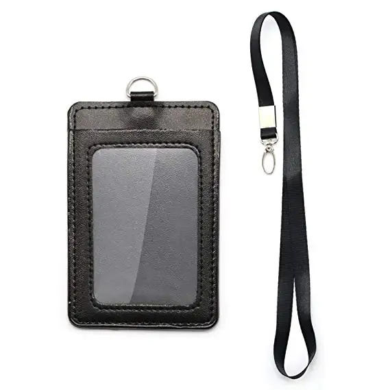Neckstrap New ID Company Permit Badge Card Holder Black PU Leather 