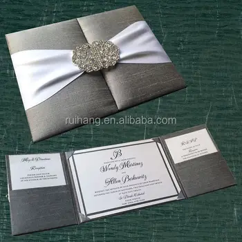 Silk pocket box invitation with crystal buckle clasp wedding silk folio cards