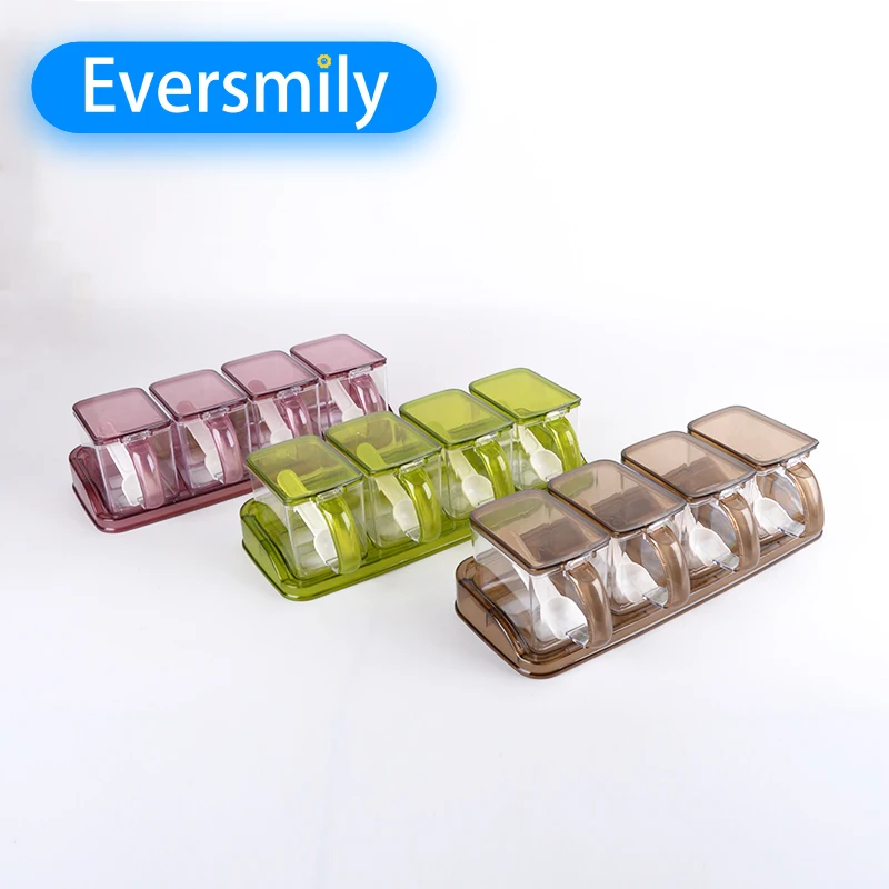 Wholesale Spice Container 4 Compartments Set Plastic Square Spice Box with Spoons Spice Rack Set Kitchen Accessories