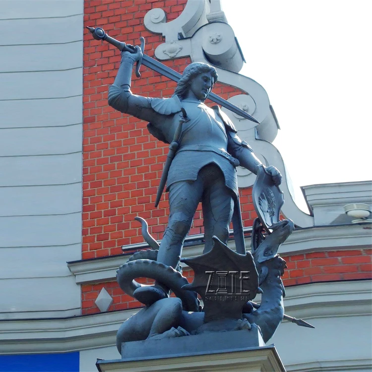 Large Metal Bronze St George Statue With Dragon Sculpture
