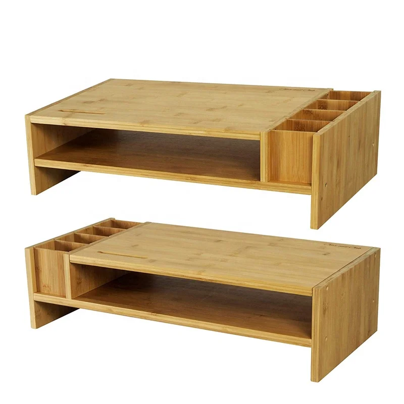 2-уровневая бамбуковая подставка для монитора ноутбука компьютерный монитор стояк с регулируемыми аксессуарами хранения