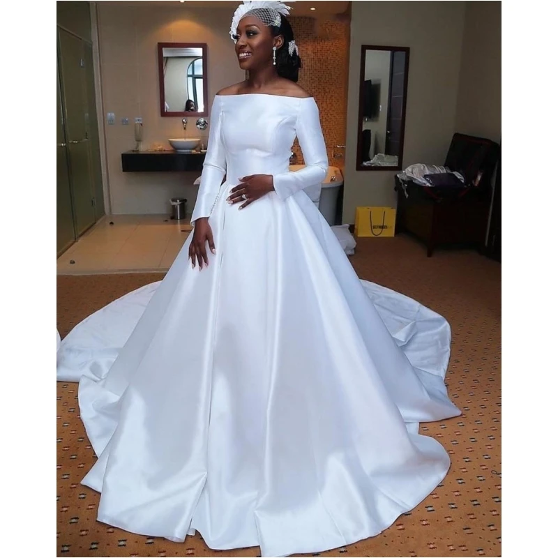 African Pure White Satin Wedding Dresses Plus Size Off The Shoulder Long  Sleeve Wedding Bridal Gowns - Buy Plus Size Wedding,Bridal Gowns,Wedding  Dress Product on Alibaba.com