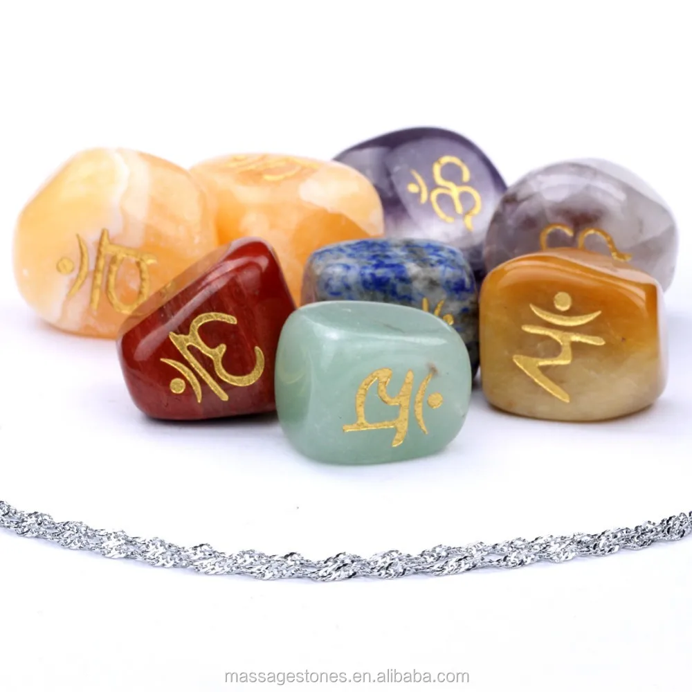 Set of 7 amethyst tumble chakra stones ~ engraved sanskrit symbols ~ with pouch 