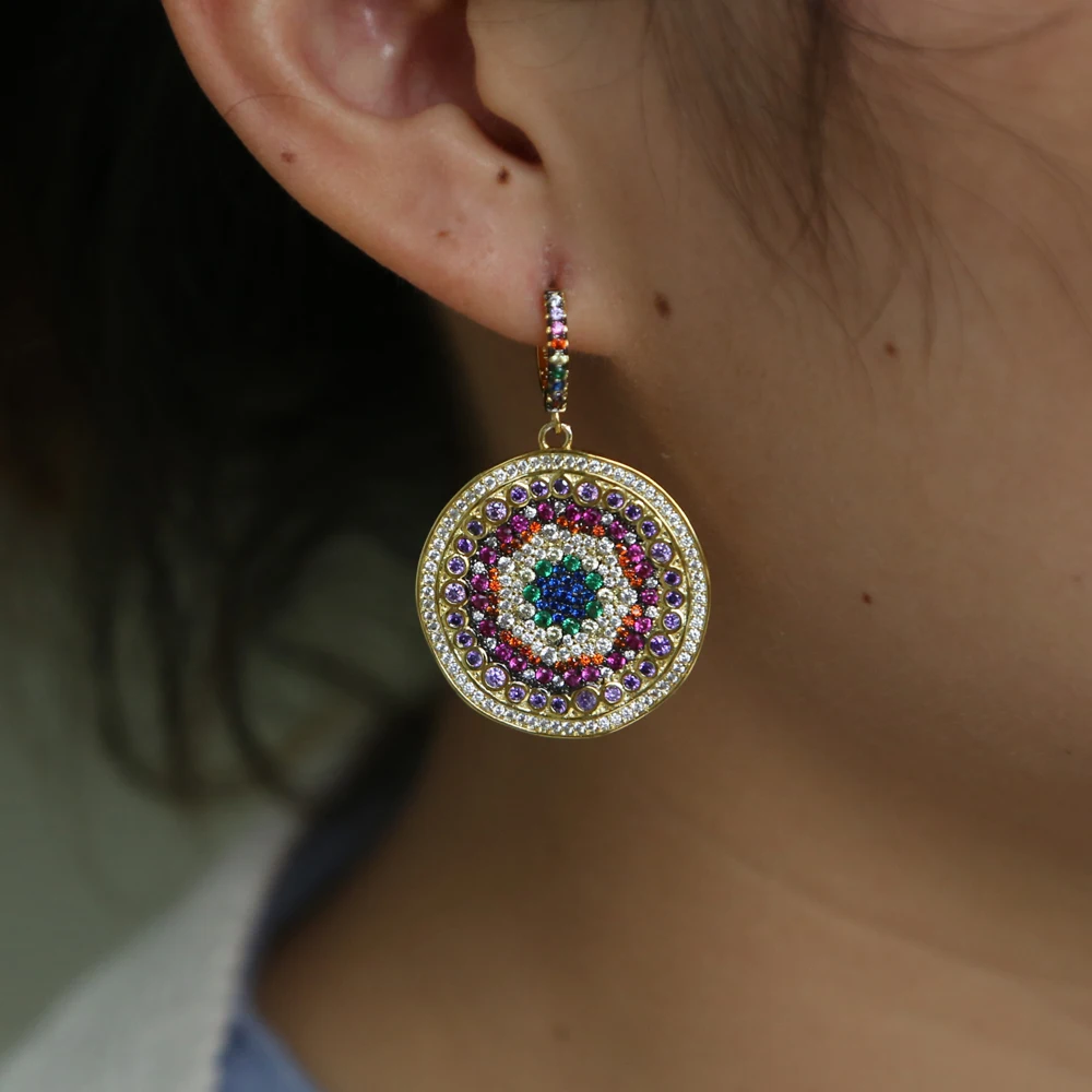 Bohemia Colorful Disk Jewelry Dangle Round Charm Coloful Cubic Zirconia Disco Charm Gold Earring