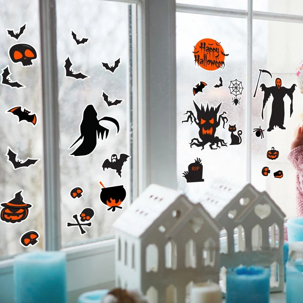 Halloween Party Removable Static Window Clings Cartoon Pumpkin Lantern Witch Ghost Bat Stickers for Window Wall Decorations