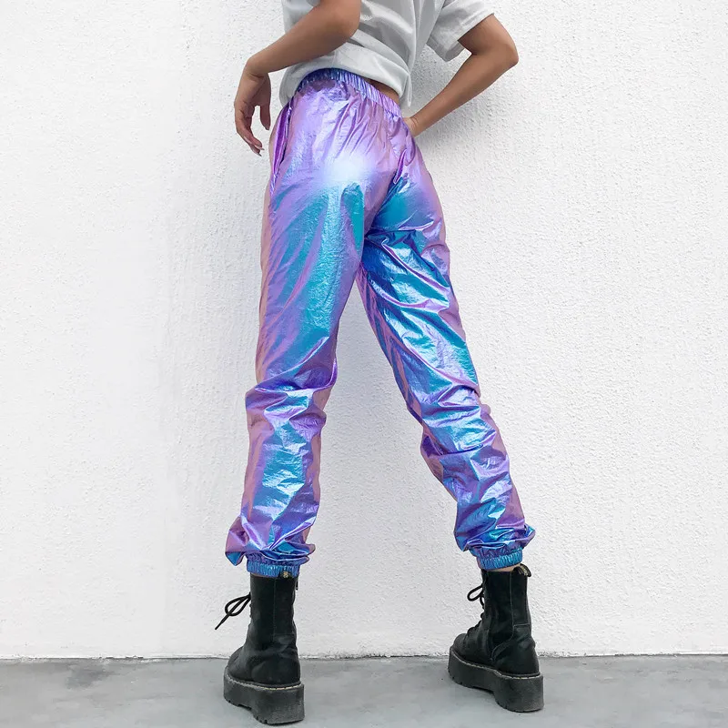 LZLRUN Women Rainbow Reflective Pants Rave Hip Hop Dance Fluorescent  Festival Trousers Casual Harajuku Night Sporting Jogger