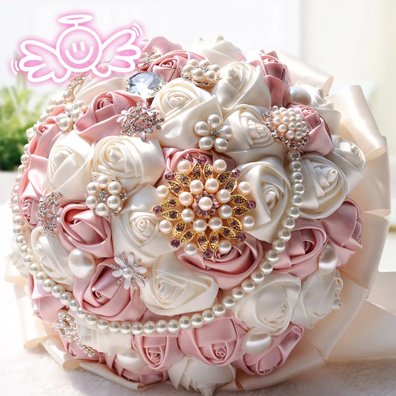 Handmade Wedding Bouquet Satin Flowers Rhinestones Pearls Silk Roses Bouquets 