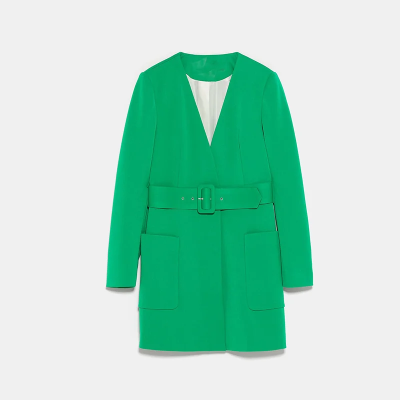 2020 New Arrival Green V Neck  Belt Frock  Blazer Women Office Ladies
