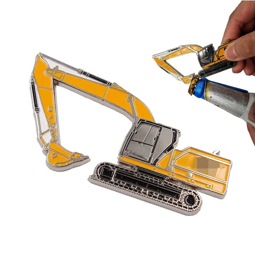 High Quality Zinc Alloy Enamel Excavator Shape Eco-Friendly Fridge Magnet with Bottle Opener and Custom Colors