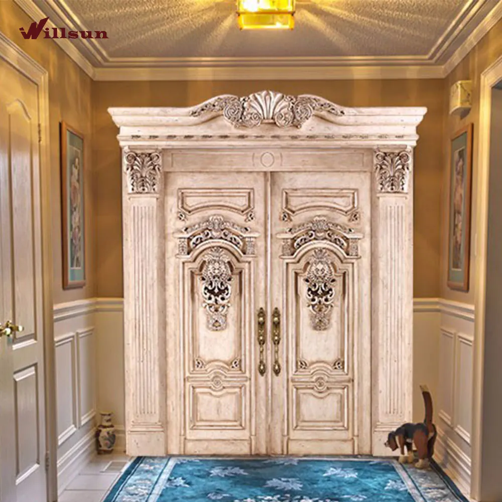 Indian Solid Timber Door Entry Model Teak Wood Panels Carved Main Front Double Door Design for House