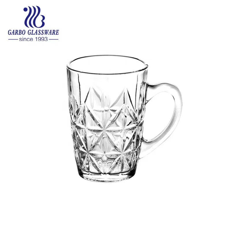 220ml Clear New Design glassware Machine Pressed 8oz Engraved Round Shape Mixing Mould Handle Glass Tea Mug