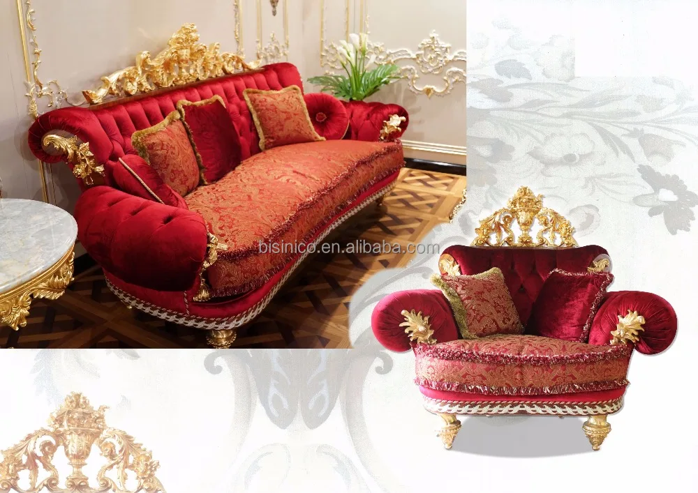 Exclusive Royal Imperial Gold Leaf Ornate Purplish Red Velvet Upholstered Classic Kings Size Couch Sofa for Villa Grand Hall