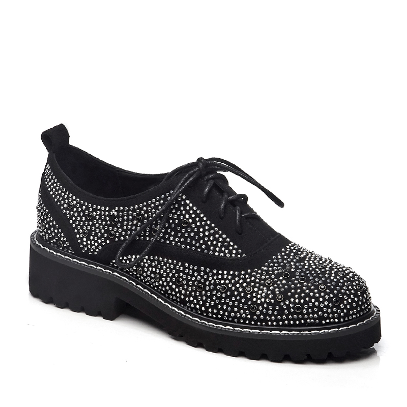 
 Модные женские туфли-броги с блестящими кристаллами, на плоской подошве, с заклепками, 2019  