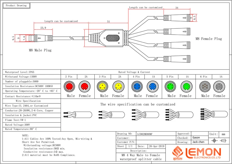 Customized 1 to 2 4 Way M8 Splitter Male Female Plug Waterproof Connector manufacture