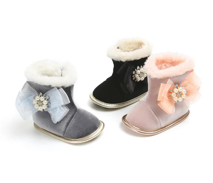 
 Детские зимние теплые ботинки на мягкой подошве с блестками из флисовой ткани с жемчужным Кружевом и бантом  