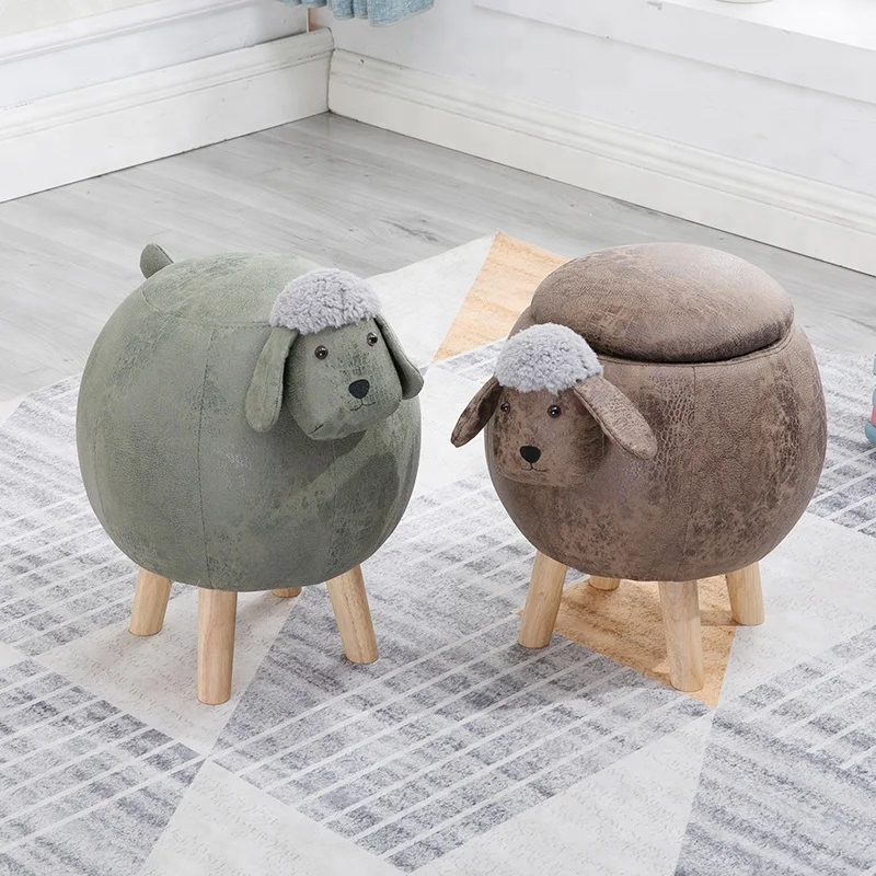 JHmama 羊の置物 本革 オブジェ 椅子 木製 60×35×56㎝ かわいい羊の動物の形の木製の小さなステップスツールレザー収納