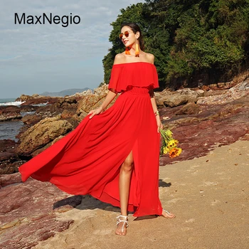 Maxnegio Boutique Off Shoulder Red Chiffon Boho Ladies Party Maxi Dress
