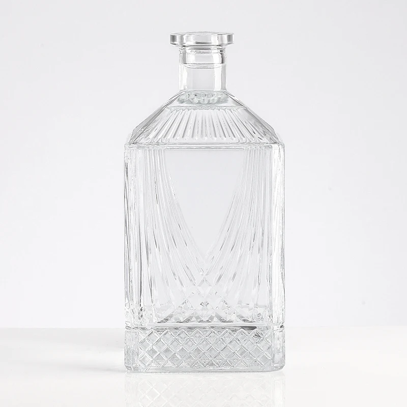 Fashion Design Exquisite Emboss 750ml New Alcohol Glass Bottle With Caps