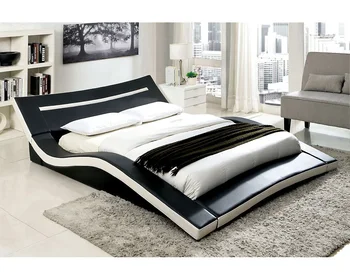 Curve Shape White And Black Genuine Pu Leather Bed Frame With LED Light
