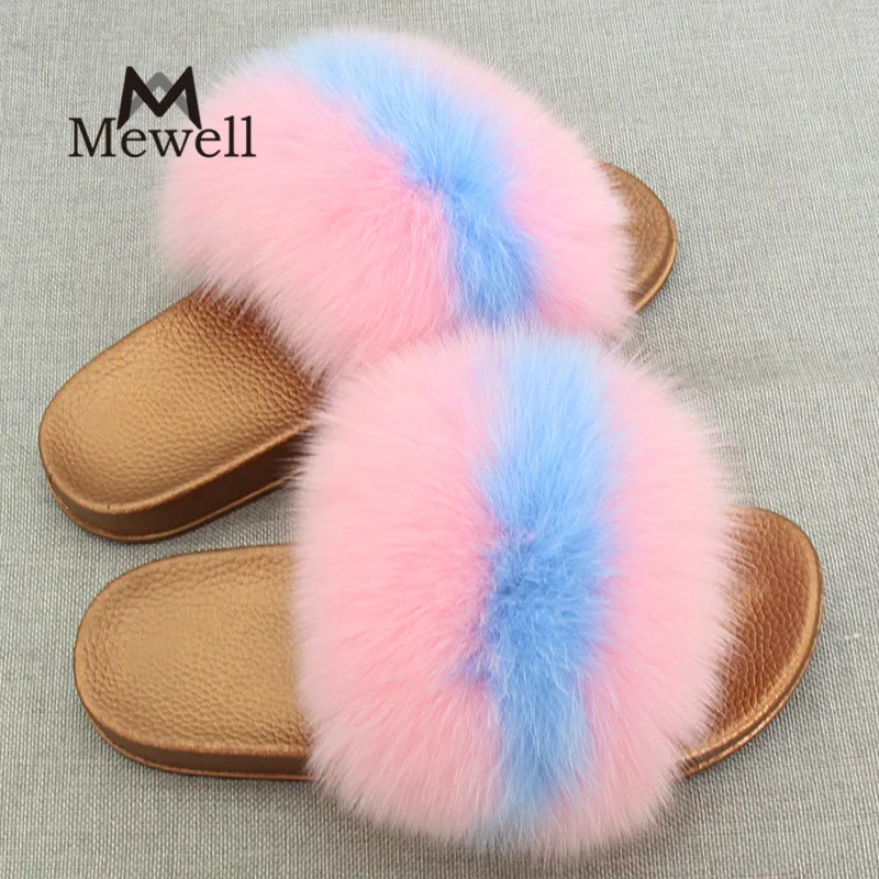 Mùa đông Lông Thú Thật Phụ Nữ Home Dép Thời Trang Cô Gái Gót Chân Phẳng Fox Fur Đi Trong Nhà