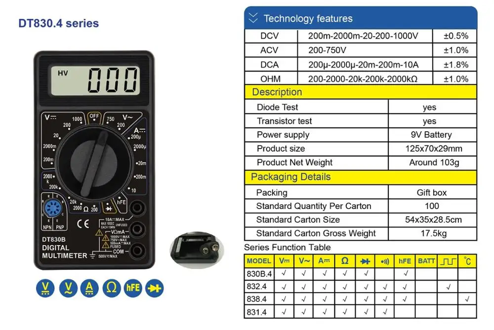 Digital Multimeter DT838 Removable Battery Lid with Temperature Test