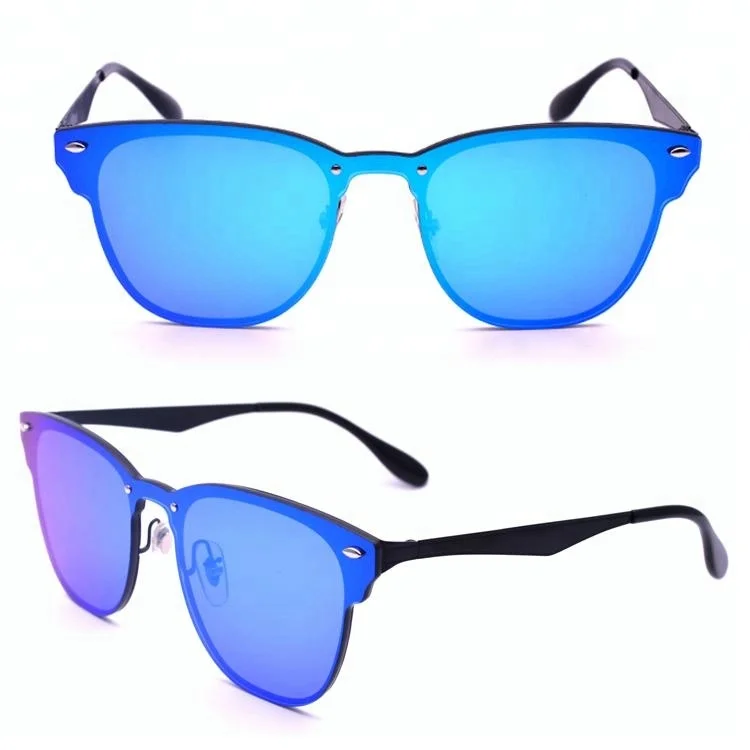 Black-Blue Wide Thick Trapezoid Mirrored Sunglasses with Blue Sunwear Lenses