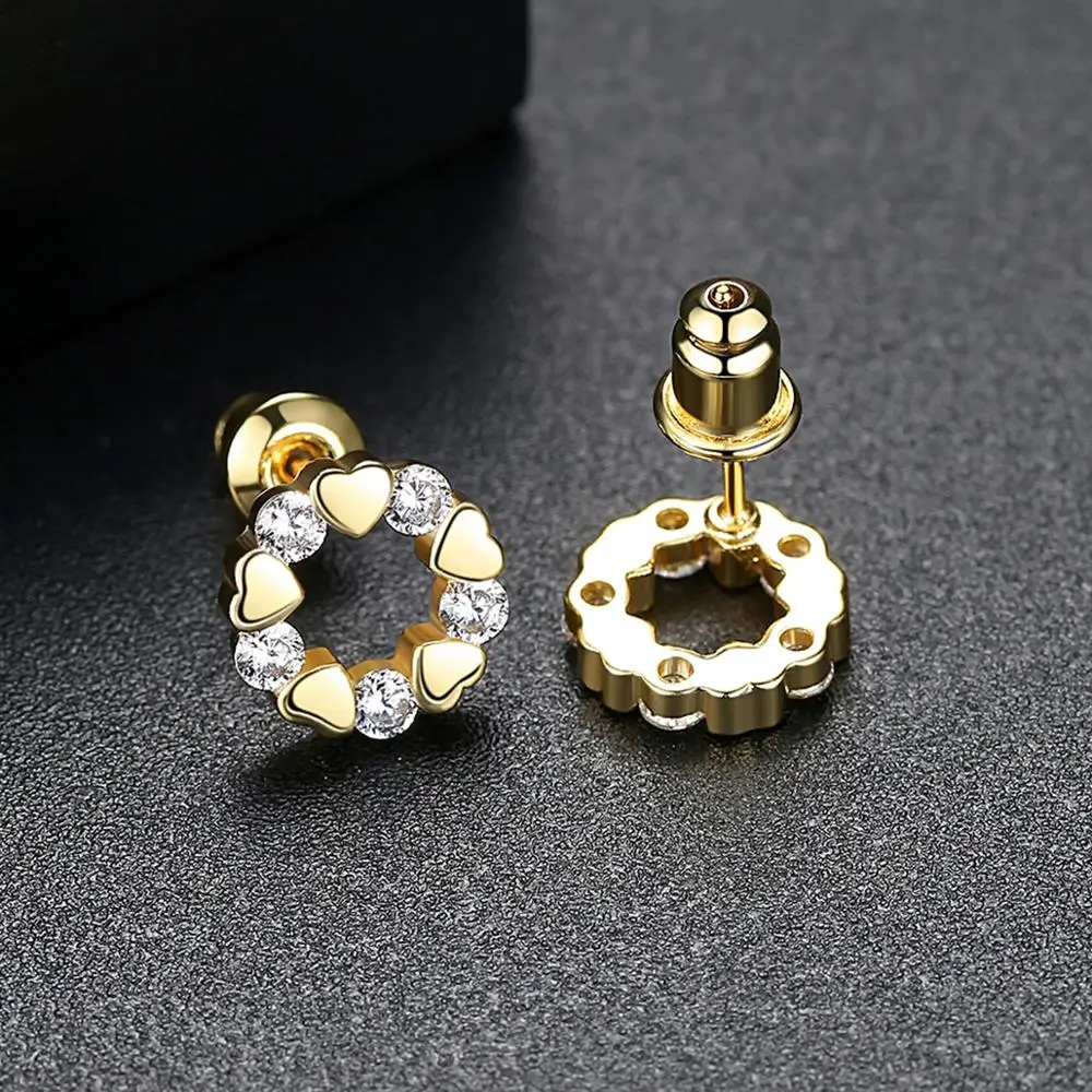 LUOTEEMI Classic Round Circle CZ Heart Halo Earrings Fashion Zircon Earring Jewelry Small Ear Studs