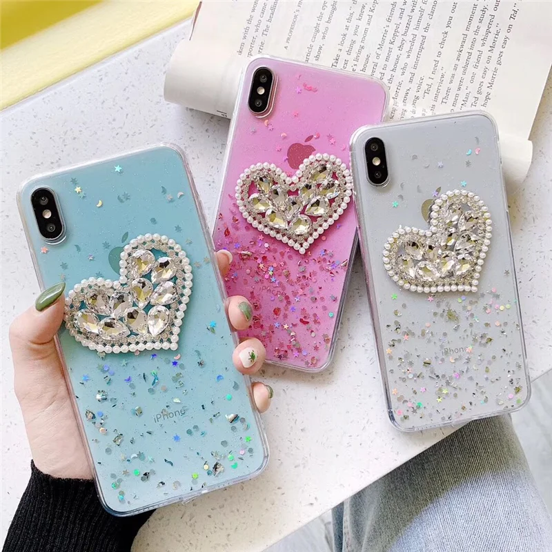 Wholesale 3D pearls and diamond soft tpu phone case clear for