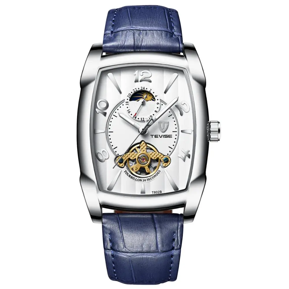 TEVISE Moon Phase Tourbillon Luminous square Shaped case Leather Automatic Mechanical Men Watch T802B