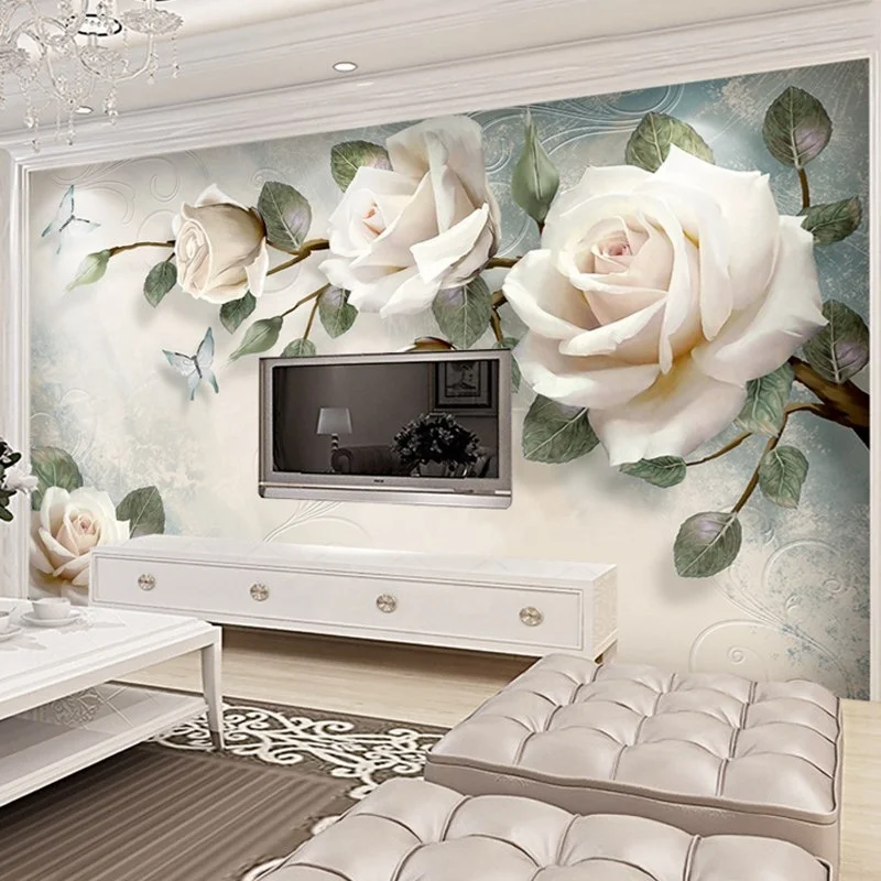 wallpaper dinding 3d white rose flowers| Alibaba.com