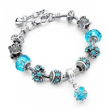 LongWay European Style Authentic Tibetan Silver Blue Crystal Charm Bracelets for Women Original DIY Beads Jewelry Gift SBR150292