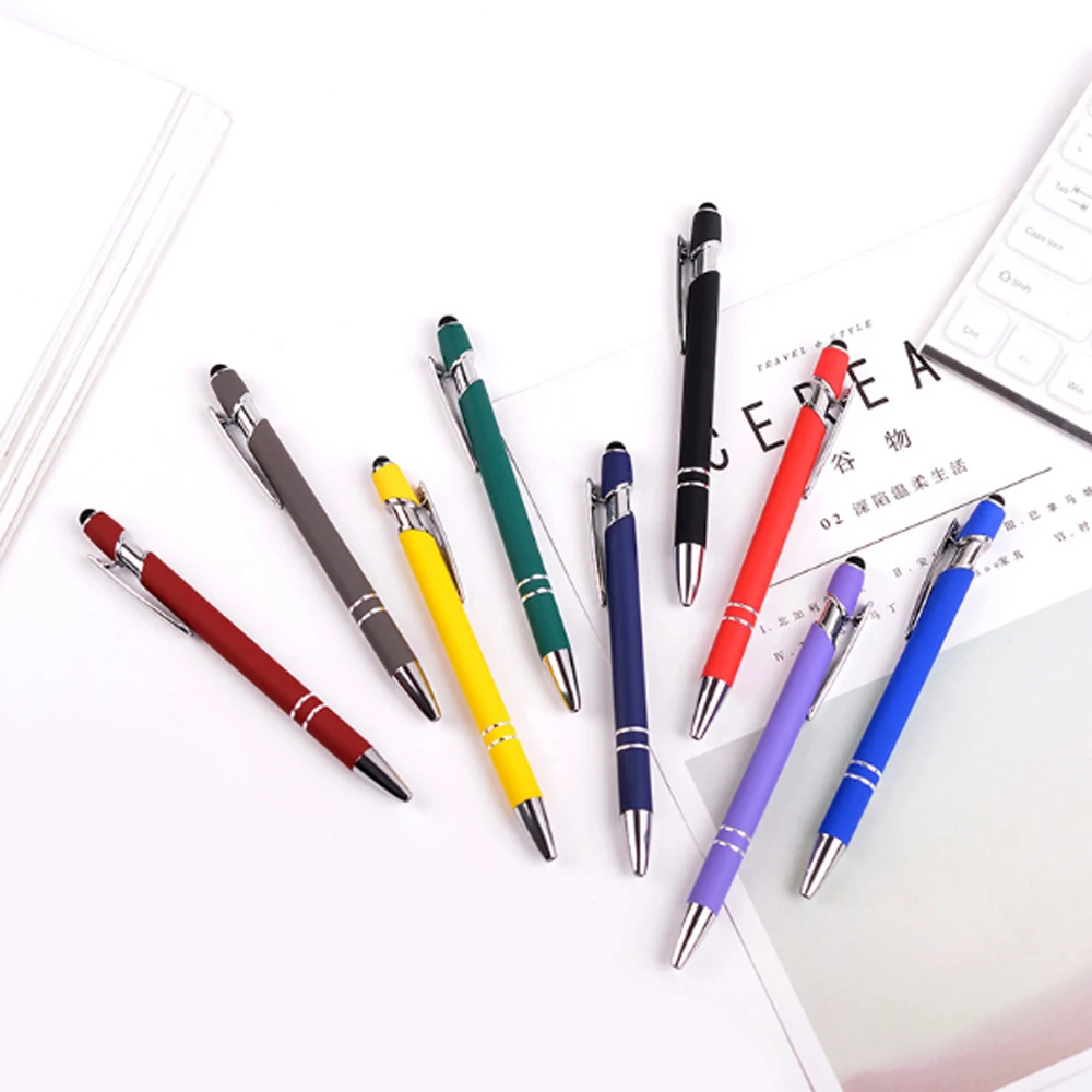 2025 Simple Metal Cheapest Two Circle Click Rubber Paint Touch Stylus Ball Pen With Custom Logo Colorful Aluminum Pen