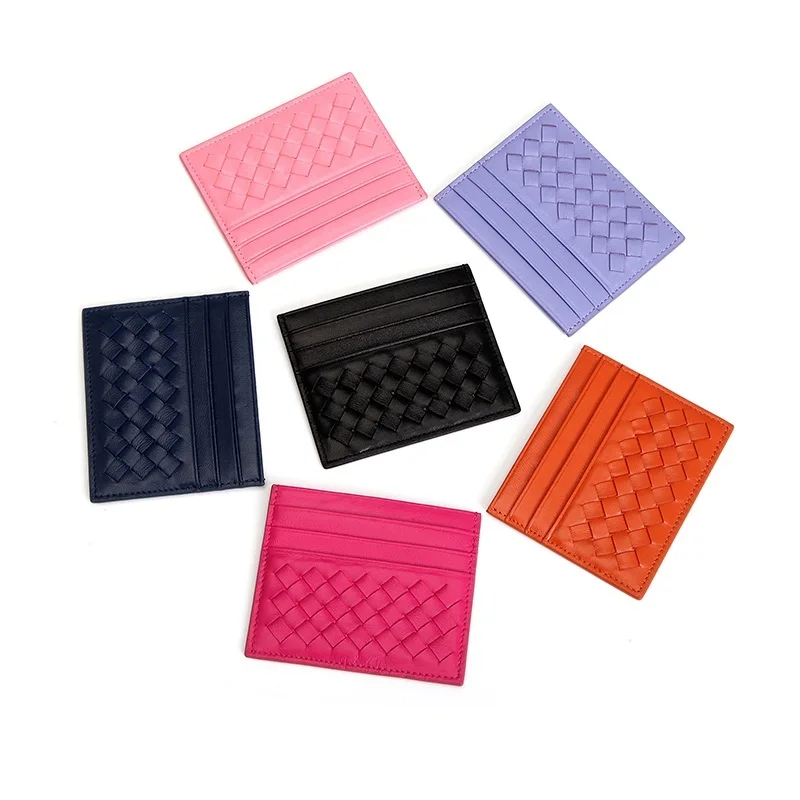 Free Sample Drop Shipping BV Style Colorful Customized Women Sheep Skin Leather Design Light Woven Credit Card Holder