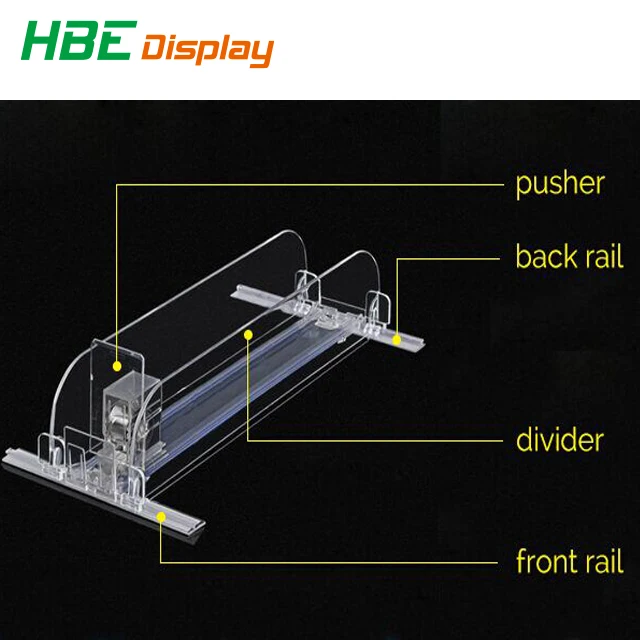 Adjustable Acrylic Merchandiser Shelf Pusher for Supermarket Gondolas