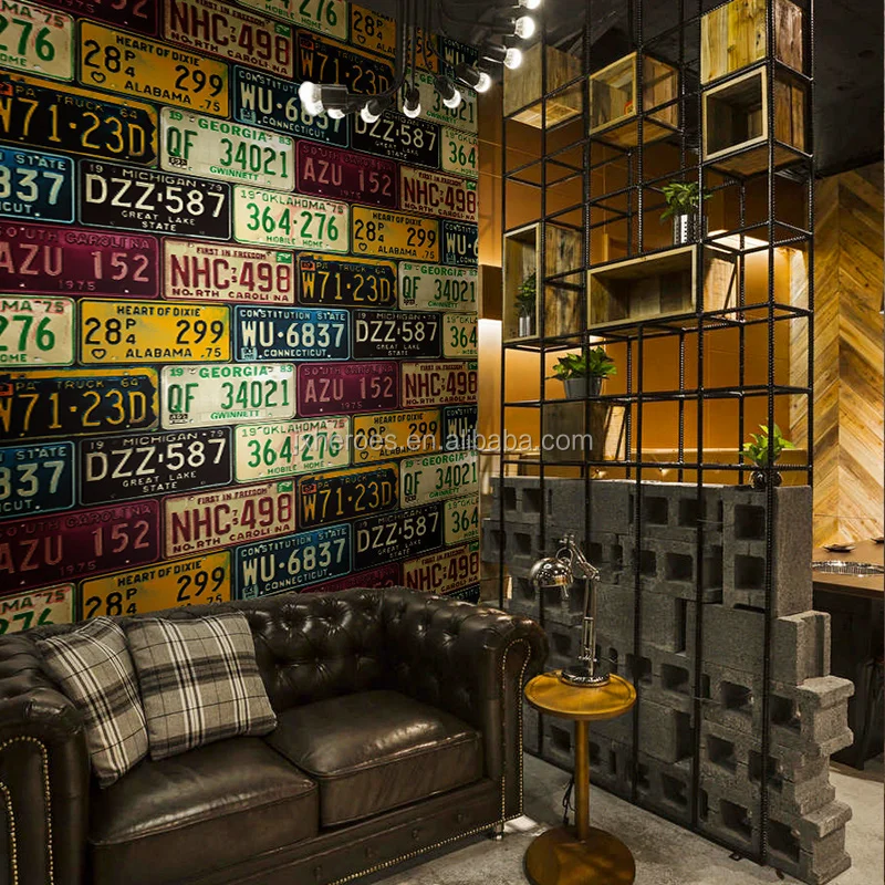 Characteristic Classic Vehicle License Plate Patterns Theme Restaurant Wallpaper Designs