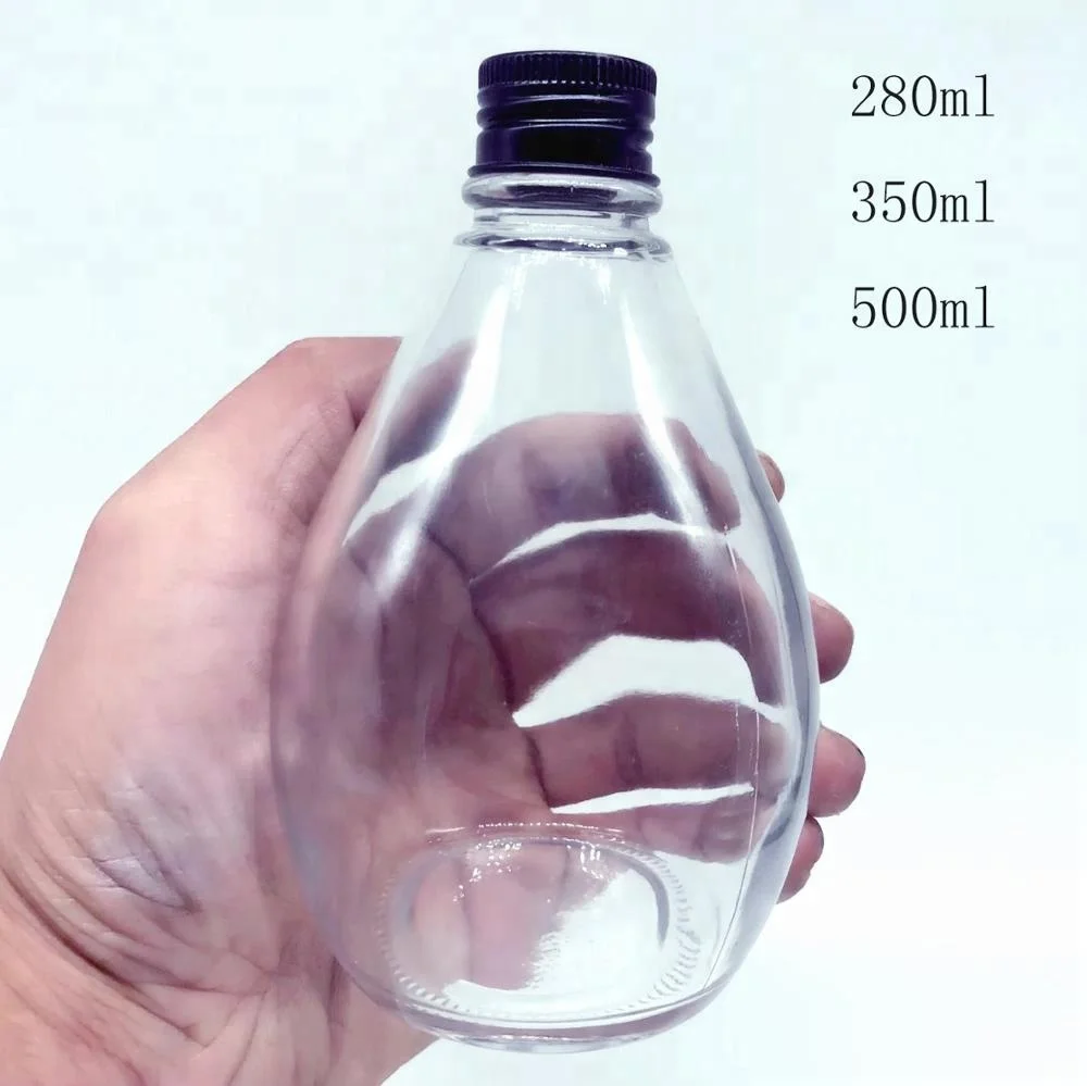 High end 280ml 350ml 500ml big belly water drop shape glass Fruit enzyme  wine liquor bottle with metal screw cap