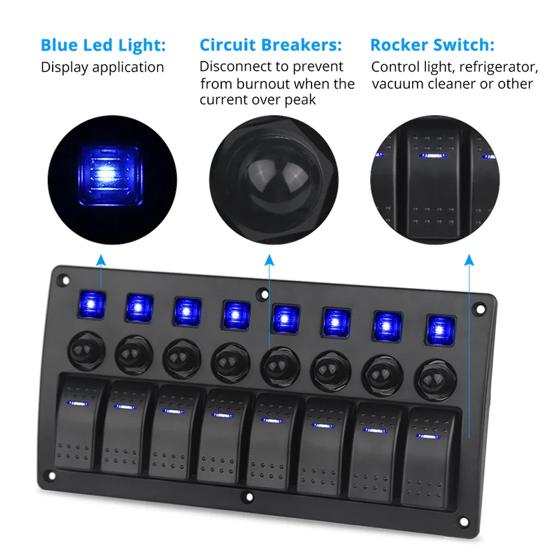 8 Gang Toggle Rocker Switch Panel Circuit Breaker Boat Marine RV Camper