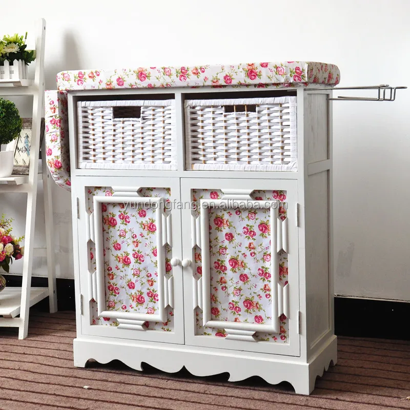 Popular Foldable Ironing Board Solid Wood Cabinet Folding Top Center Rattan Storage Basket