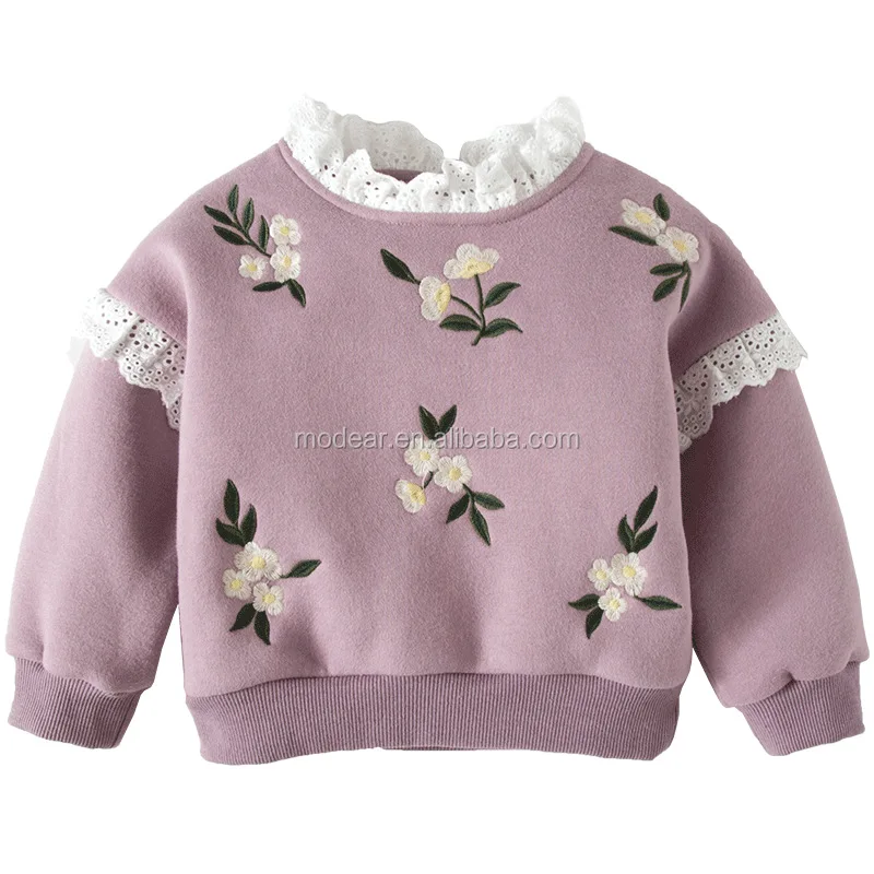 2017 новая одежда для новорожденных на флисовой подкладке цветочной вышивкой кружевной воротник Детский свитер