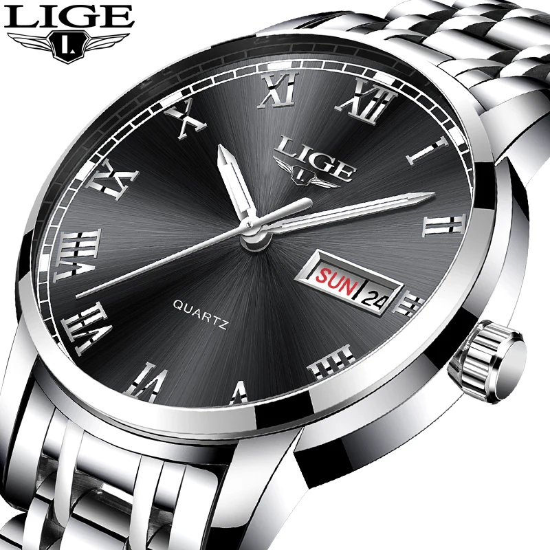 Orologio Uomo Al Quarzo In Acciaio Inox, Quadro Grande 42mm, Impermeabile 3ATM, Con Data E Luminoso – Regalo Business (Argento/Nero)