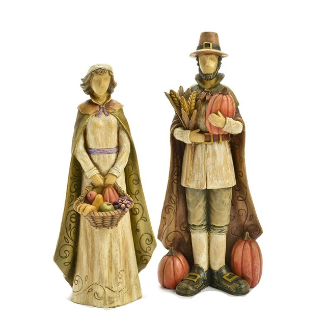 Hand Painted Thanksgiving Resin Pilgrim Man And Woman Figurines Buy