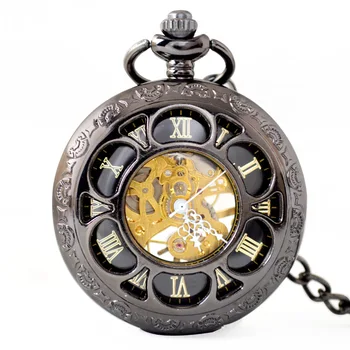 Wholesale Antique Skeleton Black Hand Winding mechanical Retro Roman pocket watch