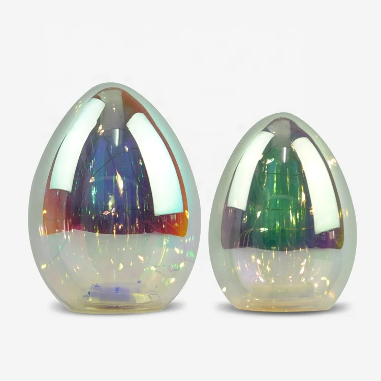 Easter decoration led battery operated illuminated  iridescent glass pedestal egg