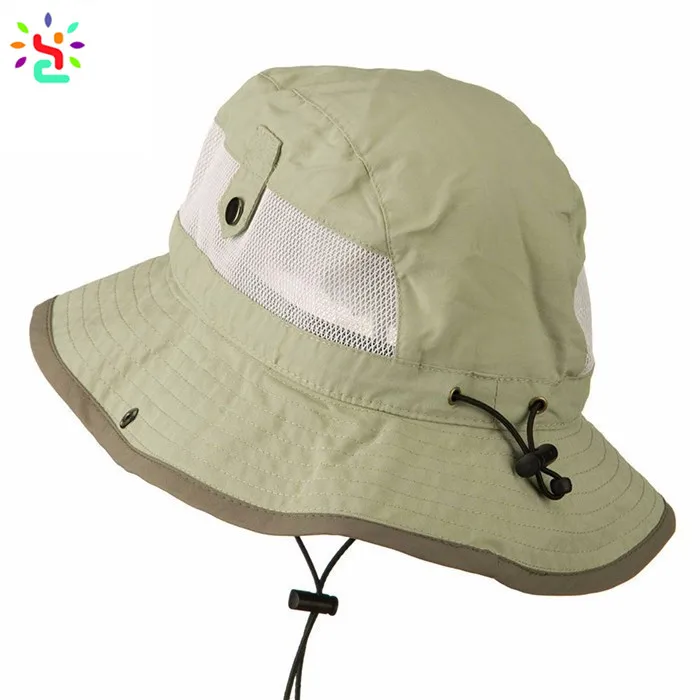 Wholesale Custom Logo Quick Dry Polyester Mens Sun Shade Safari Cap  Fisherman Wide Brim String Bucket Hat