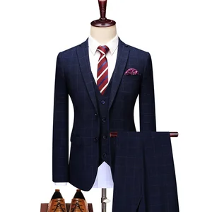 Men's Regular Fit Dark Navy Checked TR Pleated Business Suit Single Breasted Notch Lapel Top Sale Breathable Plus Size